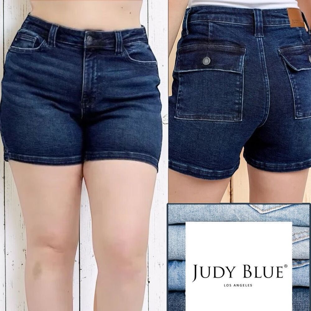 Judy Blue High Rise Jean Shorts Dark Wash Back Flap Pocket Stretch Denim NWT